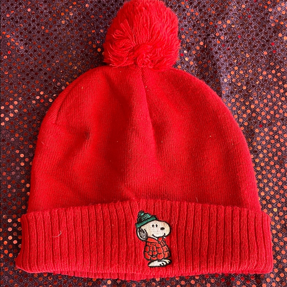 Red Beanie with Snoopy Embroidery Pom Pom
